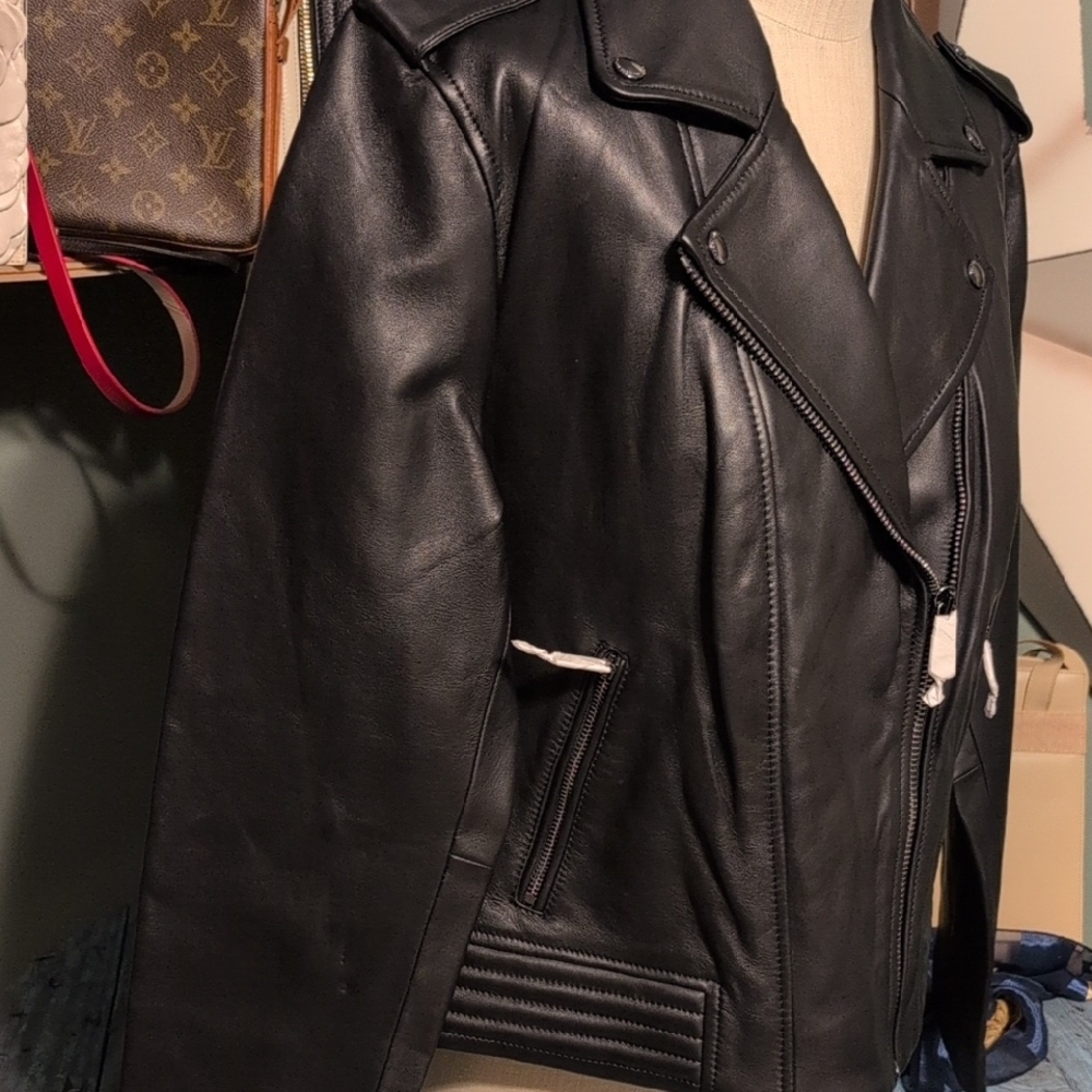 Nwt Tommy Hilfiger Black Leather Biker Jacket India Dress Club 46 US 14 - Picture 2 of 16